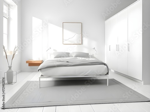Minimalist White Bedroom Interior Design with Wardrobe and Bed Detail