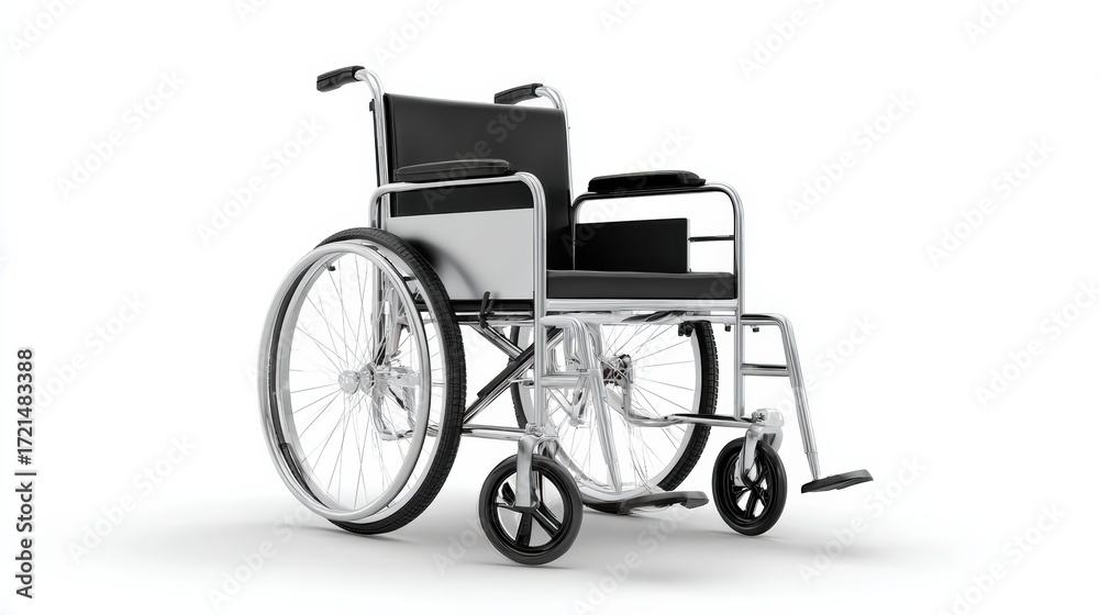 Fototapeta premium A simple, modern wheelchair with chrome accents and black upholstery, designed for mobility and accessibility.