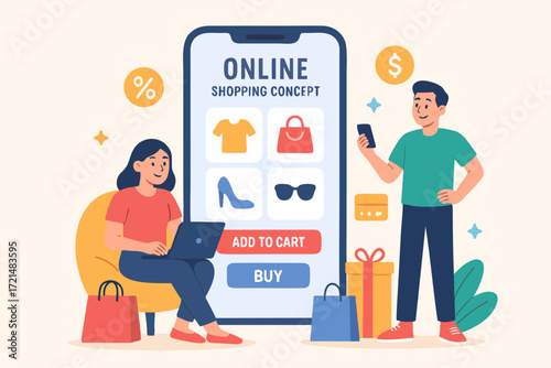  Young couple shopping online with mobile payment and discount.