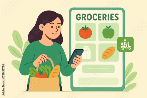 Flat illustration of a woman buying groceries online with smartphone, showing vegetables and fruits.