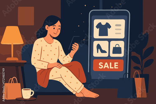 Flat illustration of a woman using smartphone for online shopping at night, viewing sale items on screen.