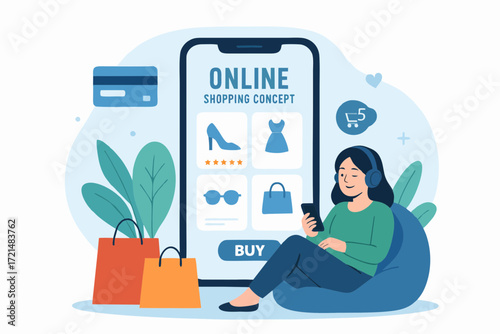 Flat illustration of a woman shopping online with smartphone, viewing fashion products on digital store.