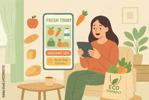 Flat illustration of a woman shopping fresh groceries online with tablet, showing vegetables and discounts.