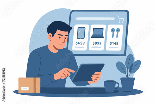 Flat illustration of a man shopping online with tablet, comparing product prices in ecommerce store.
