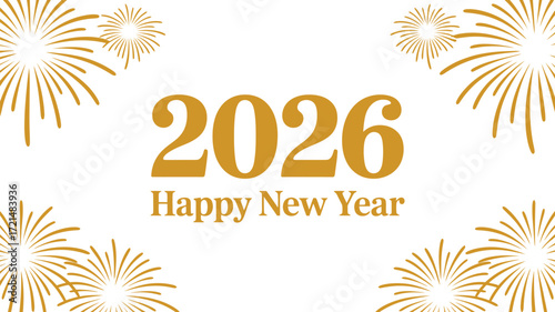 Golden fireworks celebrate the arrival of the year 2026 with a Happy New Year message.