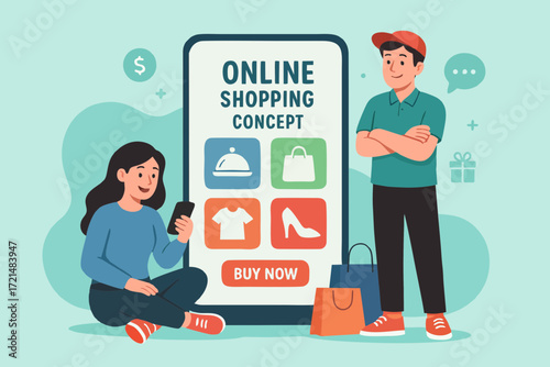 Flat design illustration of a couple shopping online with big ecommerce app screen, showing clothing and accessories.
