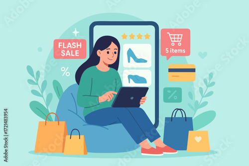 Vector illustration of a woman shopping online with tablet, browsing flash sale offers and ecommerce deals.