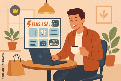 Flat illustration of a man shopping online with laptop, viewing flash sale offers and digital discount banners in ecommerce application.