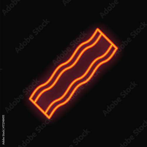 Glowing red and orange neon sign of a slice of bacon is depicted on a black background