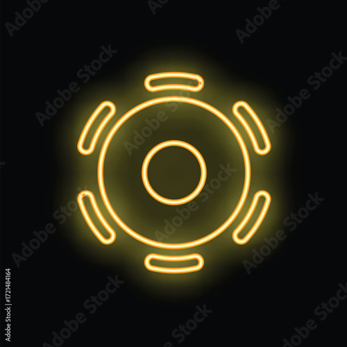 Glowing neon yellow casino chip is isolated on a black background