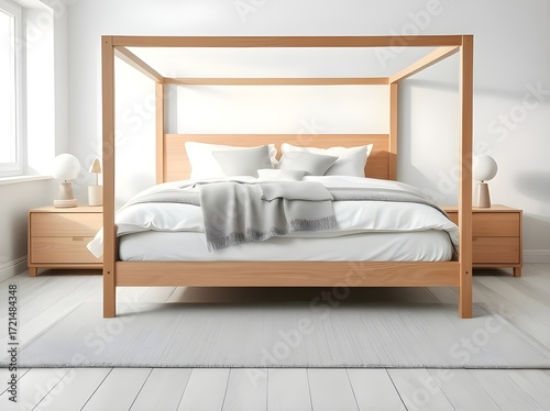 Minimalist Wooden Four Poster Bed Setup with Soft Light Interior Room