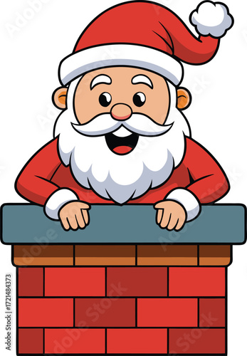 Cartoon Santa Claus peeking over a brick chimney Christmas