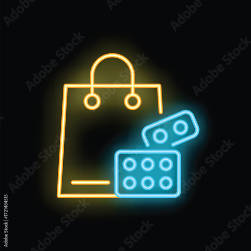 Neon glowing icon of buying medicine online represented by a shopping bag and pills