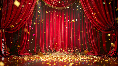 Gritty luxurious red presentation stage curtain with falling confetti under spotlight symbolizing celebration, victory, and transformation 
