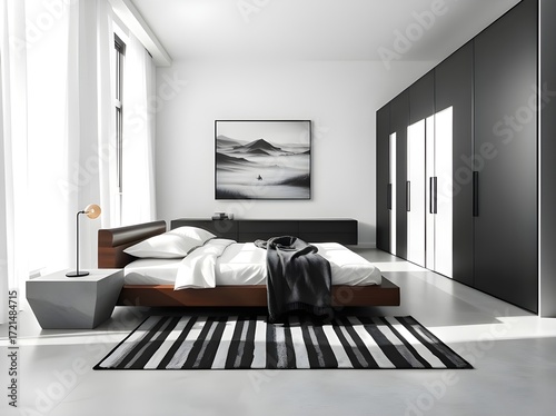 Modern Minimalist Bedroom with Platform Bed and Black and White Decor Interior