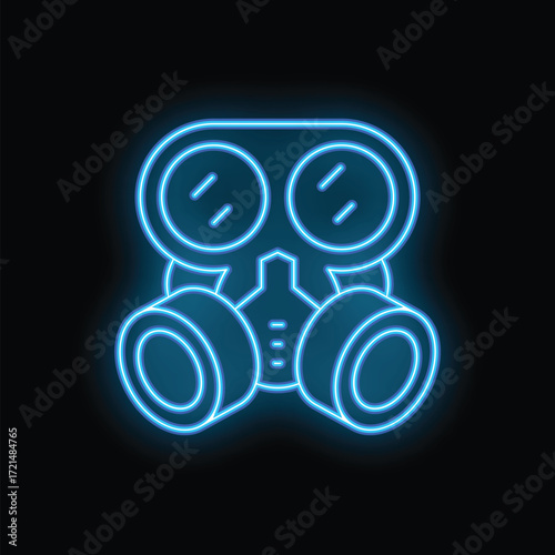 Blue neon gas mask glowing on black background, concept of protection from toxic fumes