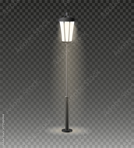 Realistic vector Modern and vintage city street lights row working at night. Urban electrical lightning system. Glowing retro lampposts