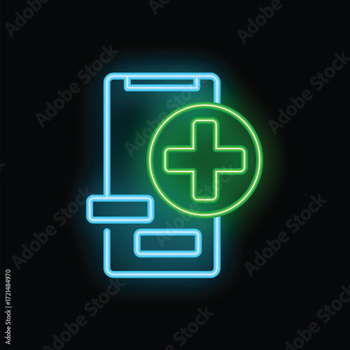 Neon medical app icon glowing with green cross and blue smartphone on dark background