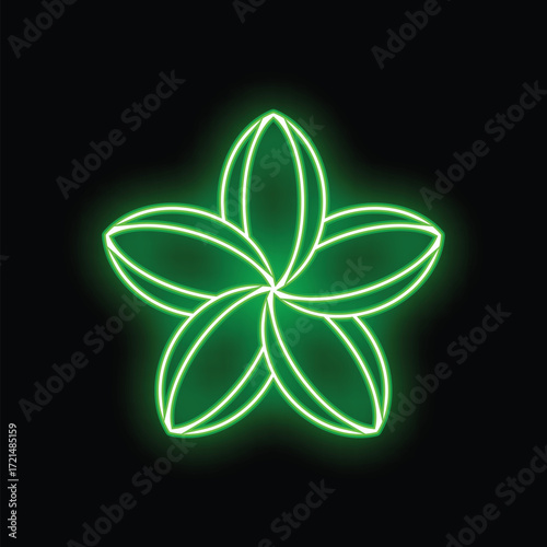 Green neon light glowing on black background in the shape of a flower