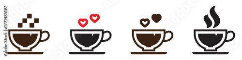 Set of cute coffee cup colored icons isolated on transparent background. Collection includes cups with saucer and steam. Perfect vector illustrations for café menu, hot drinks and coffee shops.