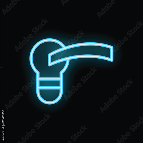 Blue neon sign of a door handle is glowing on a black background