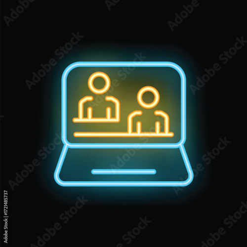 Bright neon icon of people video conferencing on a laptop computer, isolated on a black background