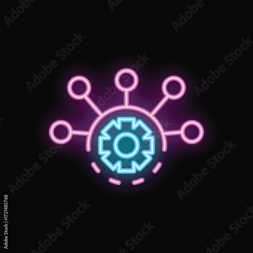 Neon sign representing an automation process with a gear surrounded by a network, symbolizing efficiency and technological advancement