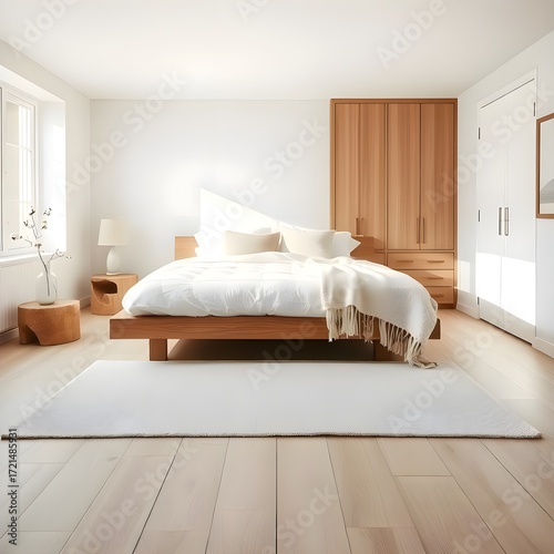 Minimalist Bright Bedroom Interior With Bed and Wooden Furniture Design