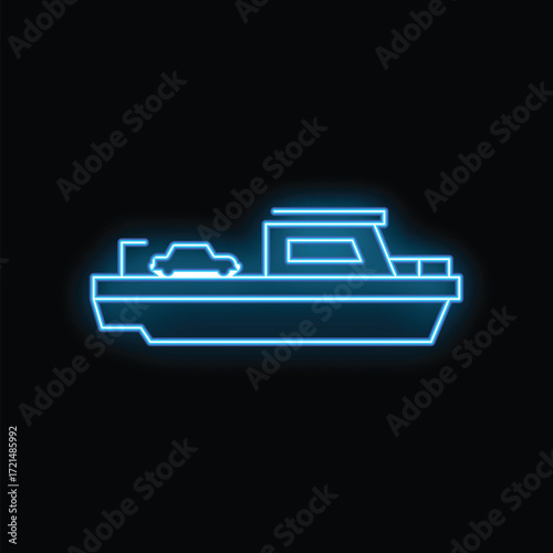 Blue neon icon of a ferry boat transporting a car across water, isolated on a black background