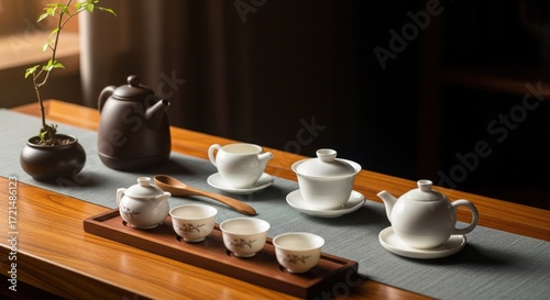 A traditional tea set, arranged on a wooden table, bathed in warm sunlight.  Ceramic teapots, cups, and a small wooden spoon.  A small bonsai tree adds to the scene