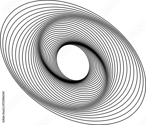 Black and white abstract illustration of concentric elliptical spirals forming a tunnel-like illusion. Minimal geometric line art with depth and symmetry