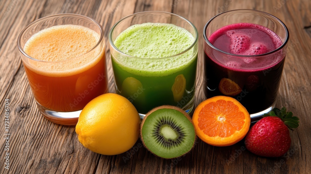 Fototapeta premium Freshly Squeezed Juices in Glasses on Wooden Table with Fruits