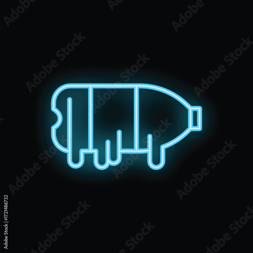 Blue neon sign depicting a melting plastic bottle on a black background, representing plastic pollution and environmental damage