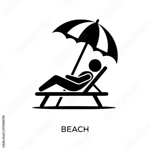 Relaxing beach scene icon person under umbrella on lounge chair summer vacation