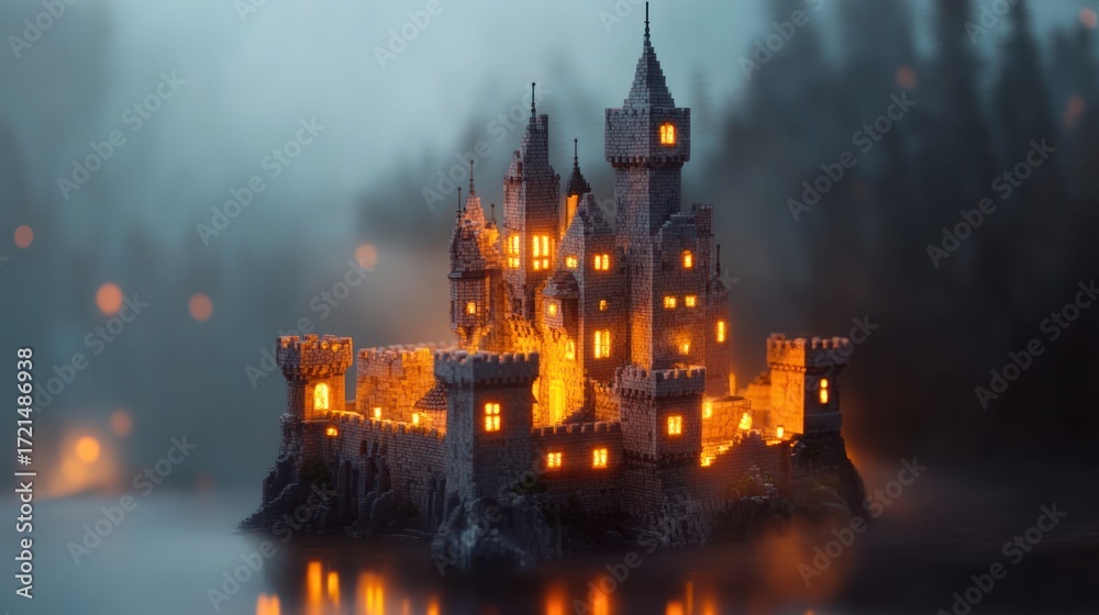 Fototapeta premium Enchanting castle, illuminated by warm light, sits on an island in a misty lake