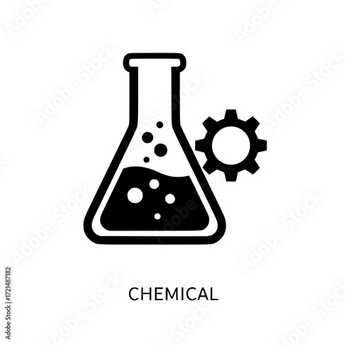 Simple icon of a chemical flask with bubbles and a gear symbol promoting science and industry