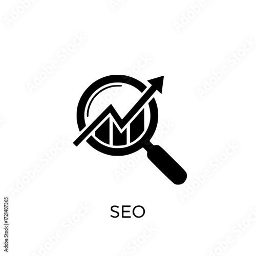 Magnifying glass over growth chart icon representing seo search engine optimization strategy