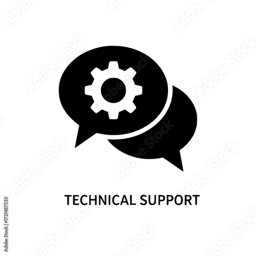 Simple icon representing technical support with chat bubbles and gear symbol