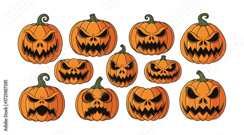Vector art featuring spooky Halloween pumpkin faces

