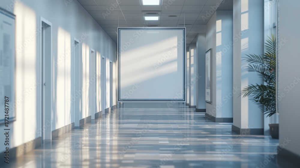 Fototapeta premium Bright and Modern Hallway with Empty Canvas and Greenery