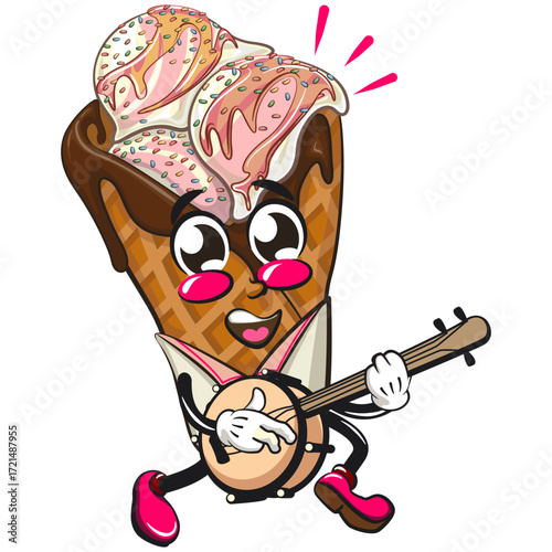 waffle ice cream with chocolate and sprinkles mascot playing the banjo musical instrumen, work of hand drawn