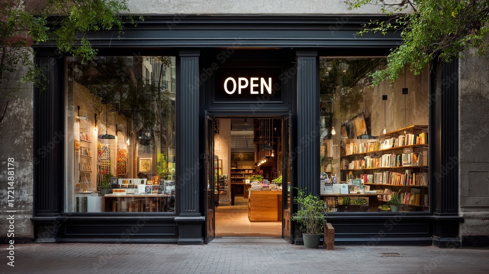 Fototapeta premium Bookshop Cafe Facade, bookstore is open