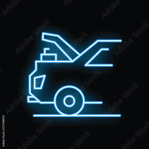 Glowing neon blue tow truck icon on black background, representing roadside assistance and vehicle recovery services