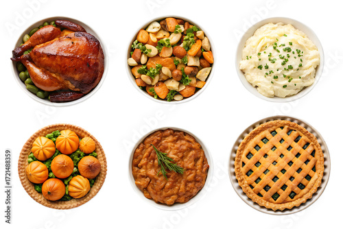 A top down view of six bowls filled with thanksgiving dinner dishes against a black background