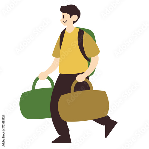 Happy flat design man carrying two brown duffel bags and backpack walking.