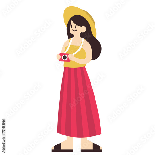 Happy flat design female character in yellow hat striped skirt holding red camera tourist.