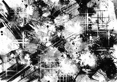 Abstract grunge black and white texture background with dynamic paint splatters, distressed brush strokes, and graphic lines
