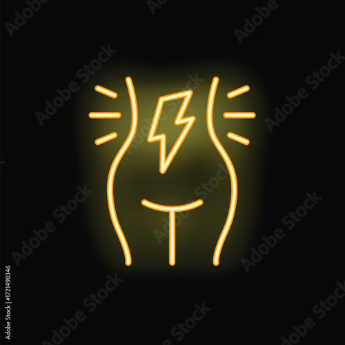 Neon glow icon depicting abdominal pain with a lightning bolt, symbolizing intense discomfort