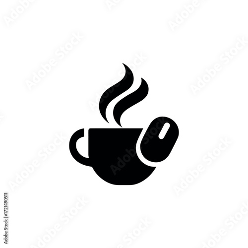 A black icon of a coffee cup with steam and a coffee bean on a white background in a simple style