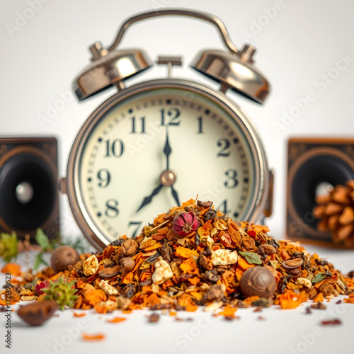 Isolated Potpourri in Front of Vintage Alarm Clock with Roman Numeral  and Copy Space. Listening to Music Concept and Relaxtion Cozy Mood